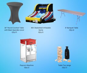 Popcorn Machine, Cocktail Table, Mini Basketball Hoop, Jenga Package