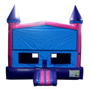A Pink and blue modular castle bounce house/ w basketball goal