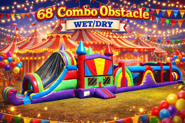 68 Ft Obstacle Course W Bounce House and Slide Wet 68 Ft Obstacle Course W Bounce House and Slide Wet