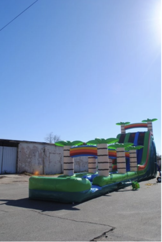 22' Tall Double Lane (Tropical) Water Slide with 35' Long Slip n Slide 22' Tall Double Lane (Tropical) Water Slide with 35' Long Slip n Slide