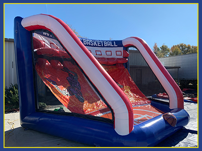 Angled view of the left side of the basketball interactive inflatable.