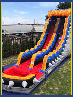 Close view of the water slide and ladder portion, which is colored red.