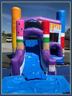 Front view the splash pad for the combo water slide with three dimensional ice pops.
