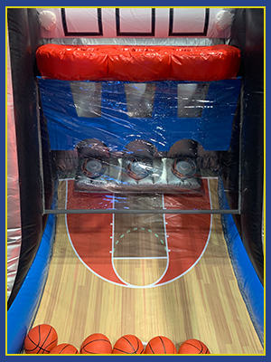 Close up look inside the left side of the Hot Shot Interactive's vinyl baskets and basketball court design