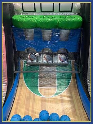 Close up look inside the right side of the Hot Shot Interactive's vinyl baskets and basketball court design