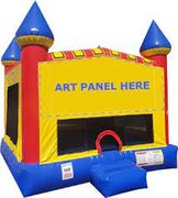A Blue and Red Castle Bounce House With Basketball Goal