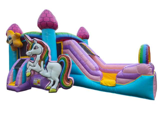 Rainbow Unicorn Bounce House Slide Combo w Splash Pool (Wet/Dry) Rainbow Unicorn Bounce House Slide Combo w Splash Pool (Wet/Dry)