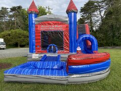Bounce house with 18ft curved single lane slide into pool