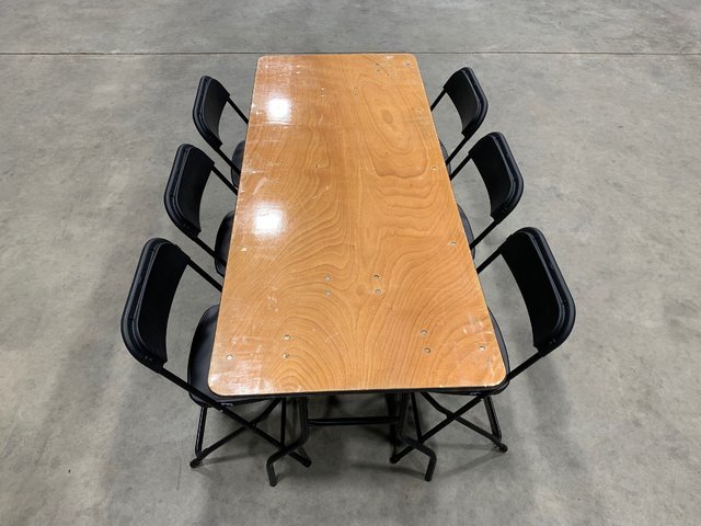6 Ft Wooden Table (2) and Chairs (12) 6 Ft Wooden Table (2) and Chairs (12)