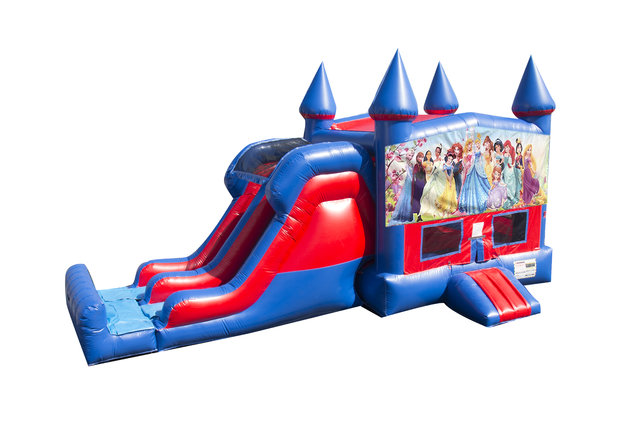 All Disney Princesses 7' Double Lane Dry Slide With Bounce House All Disney Princesses 7' Double Lane Dry Slide With Bounce House
