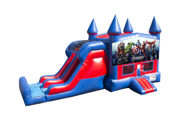 Avengers 7' Double Lane Dry Slide With Bounce House Avengers 7' Double Lane Dry Slide With Bounce House