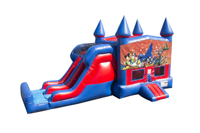 Disney Characters 7' Double Lane Dry Slide With Bounce House Disney Characters 7' Double Lane Dry Slide With Bounce House