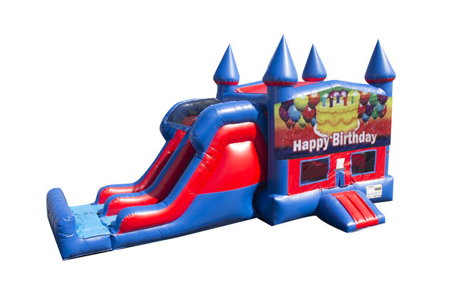 Happy Birthday Cake 7' Double Lane Dry Slide With Bounce House Happy Birthday Cake 7' Double Lane Dry Slide With Bounce House