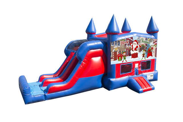 Merry Christmas 7' Double Lane Dry Slide With Bounce House Merry Christmas 7' Double Lane Dry Slide With Bounce House