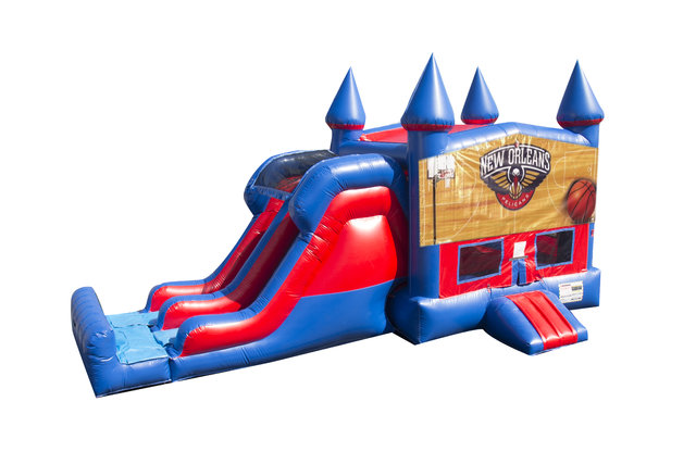 Pelicans Basketball 7' Double Lane Dry Slide With Bounce House Pelicans Basketball 7' Double Lane Dry Slide With Bounce House