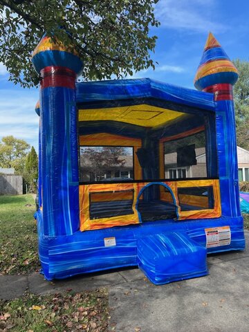 Blue 2 basketball goals bounce house 