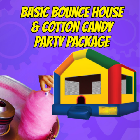 Basic bounce house in primary colors with a cotton candy machine rental