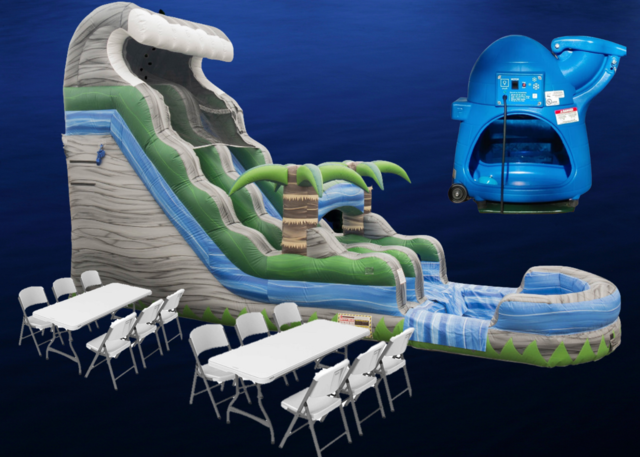 Grey water slide with palm trees and wave cresting on top with a snow cone machine two white 6 foot tables and 12 white party chair rentals