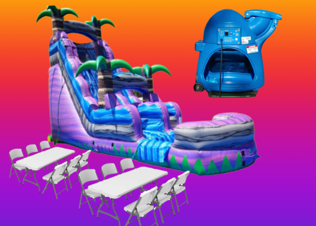 Purple Oasis Water Slide Party Package with two 6 foot tables and 12 white folding chairs and snow cone machine rental