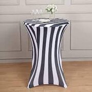 30 IN. ROUND STRETCH COCKTAIL TABLECLOTH BLACK AND  WHITE STRIPE