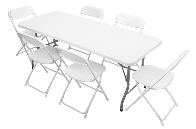 6ft Long Table w/6 Standard White Folding Chairs Set 6ft Long Table w/6 Standard White Folding Chairs Set