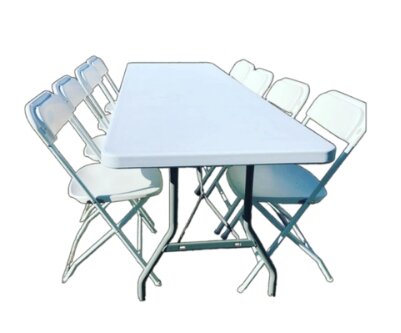 8ft Long Table w/8 Standard White Folding Chairs Set 8ft Long Table w/8 Standard White Folding Chairs Set