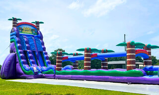 28 Foot Tiki Plunge Double Lane Marble Purple with Slip and Slide Purple Base inflated Pool