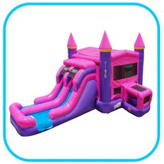 Pink Double Water Slide Castle with basketball hoop