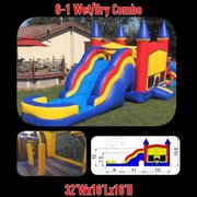 4th of July Wet Combo 16x32 Big Rainbow Bounce House with obstacles and hoop in Red Yellow and Blue