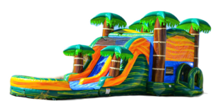 Wet Combo Cali Palms Bounce House Dual Lane Slide with Basketball Hoop and Pop Ups in a Tropics Theme 16x37 | Area needed 37'Wx20'Lx16'H