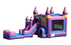 Pink Candy Theme Bounce House with Front Facing Slide and Basketball Hoop and Tunnel | Area needed 15'Wx35'Lx16'H