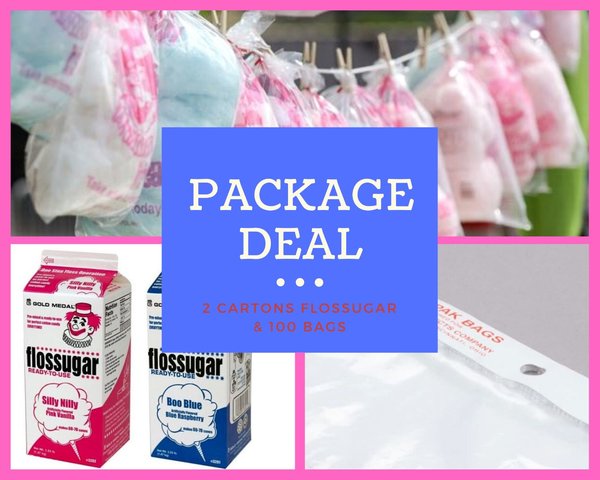 PACKAGE - Cotton Candy Flossugar two cartons & 100 Cotton Candy Bags -  PINK & BLUE 