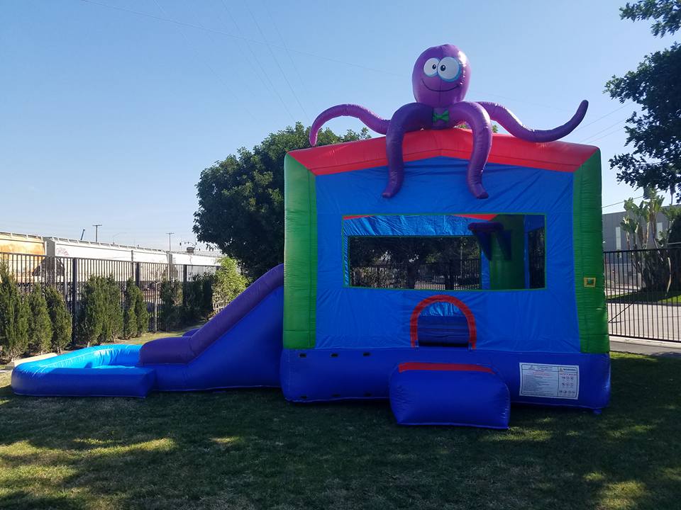 Bounce house water slide combo with inflatable octopus on top