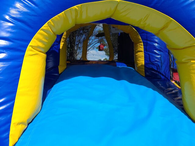 Entrance to Red, Yellow & Blue Bounce House Slide Combo