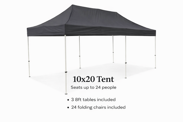 10 x 20 Tent, 3 x 8' Tables, 24 Chairs - Black 10 x 20 Tent, 3 x 8' Tables, 24 Chairs - Black