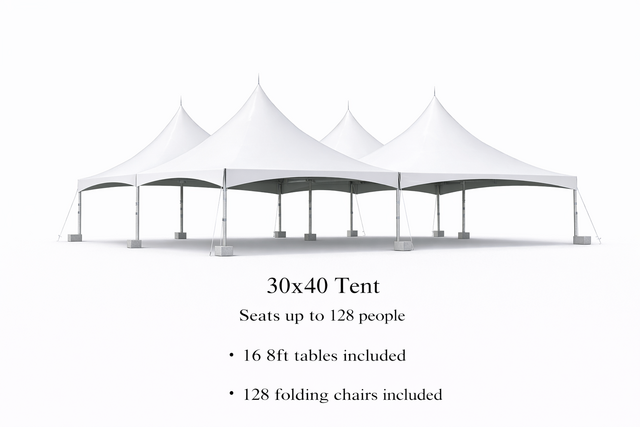 30 x 40 Tent, 16 x 8' Tables, 128 x Chairs - White 30 x 40 Tent, 16 x 8' Tables, 128 x Chairs - White