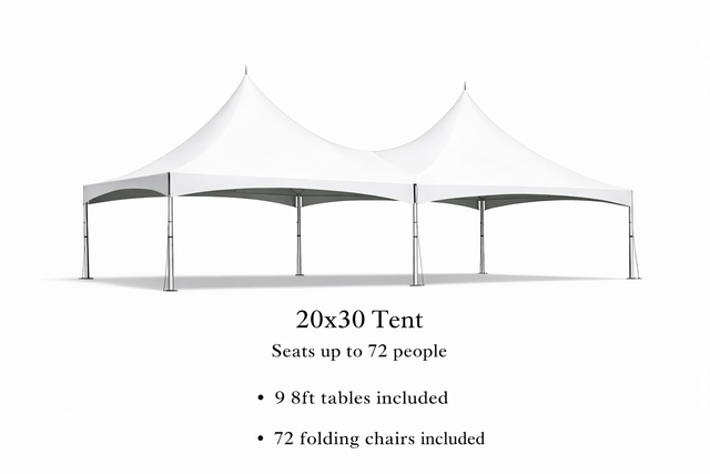 20 x 30 Tent, 9 x 8' Tables, 72 x Chairs - White 20 x 30 Tent, 9 x 8' Tables, 72 x Chairs - White