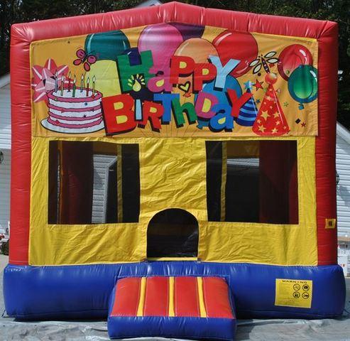 Happy Birthday Panel On A Red And Blue Bounce House / With Basketball Goal