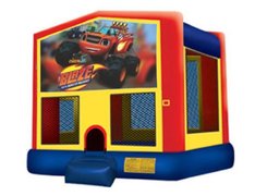 Blaze Panel On A Red And Blue Bounce House / With Basketball Goal