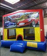 Classic Cars Panel On A Red And Blue Bounce House / With Basketball Goal