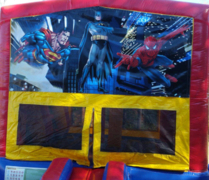 Superhero Panel  On A Red And Blue Bounce House / With Basketball Goal