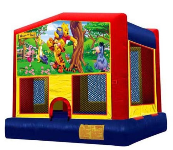 Winnie The Pooh Panel On A Red And Blue Bounce House / With Basketball Goal