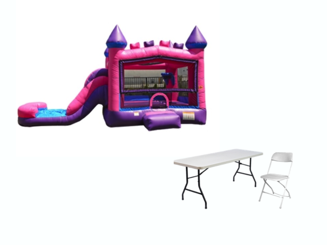 Backyard Bounce n Slide (pink/purple), 2 tables, 12 gray chairs (DRY)