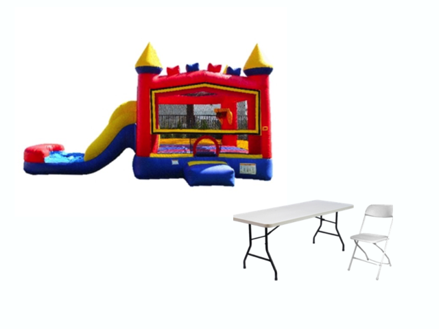 Backyard Bounce n Slide (primary), 2 tables, 12 gray chairs (DRY)