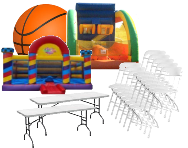 Large Basketball Court Jumpy with Shooting Game, 15 Chairs, 2 Tables Package