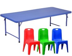 Kids Blue Table 5 ft and Assorted Color Chairs Kids Blue Table 5 ft and Assorted Color Chairs