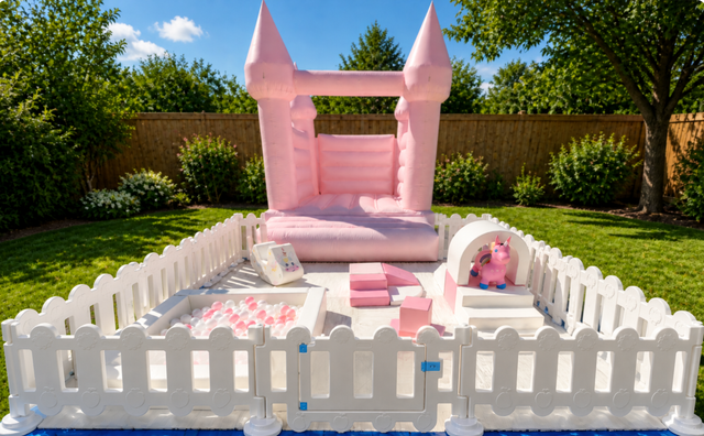 White and pink soft play w/10x10 mini Bounce House White and pink soft play w/10x10 mini Bounce House