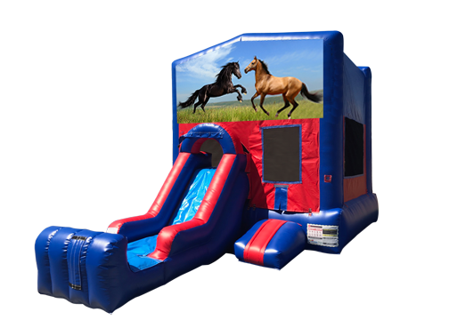 Horses Mini Red & Blue Bounce House Combo w/ Single Lane Dry Slide