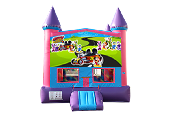 Mickey Mouse Roadster Pink and Purple Castle Moonwalk w/ basketball goal