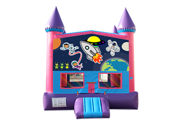 Outer Space Pink and Purple Castle Moonwalk w/basketball goal